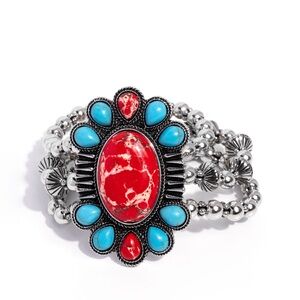 Silver and Turquoise Beaded Stretchy Bracelet with Red Stone